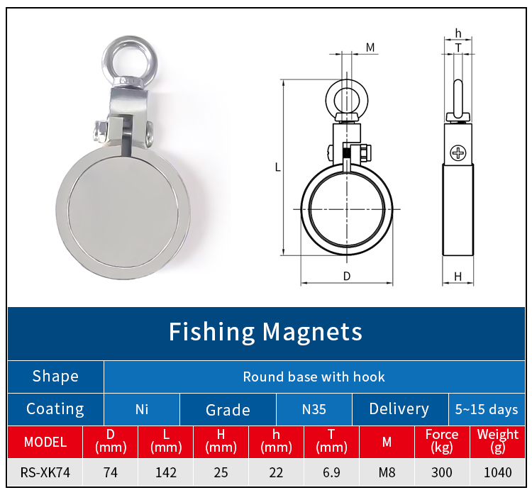 Haute résistance 300 kg Force de traction diamètre 74 mm Double face SST boulon à œil néodyme aimant de pêche